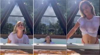 Aline limas con sus grandes pechos asomando a través de su blusa mojada