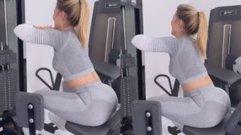 Virginia Fonseca exhibiendo su esbelta figura con ropa ceñida durante su rutina de ejercicio en el gimnasio