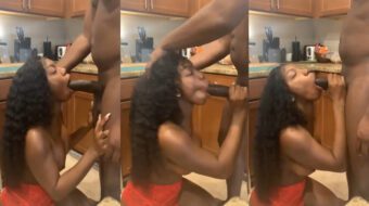 Mujer de pelo oscuro le hace una buena follada oral a un hombre con una polla grande y gruesa en la cocina