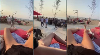 Disfruta de una playa sin marca en bikini, acariciando tu suave coño